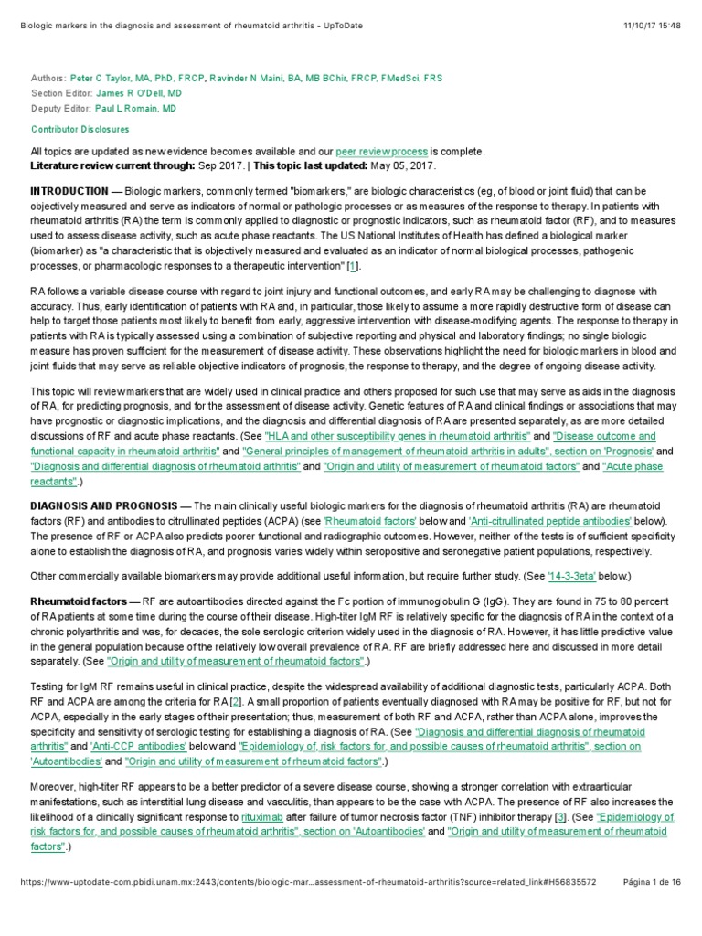 Biologic Markers in The Diagnosis and Assessment of Rheumatoid