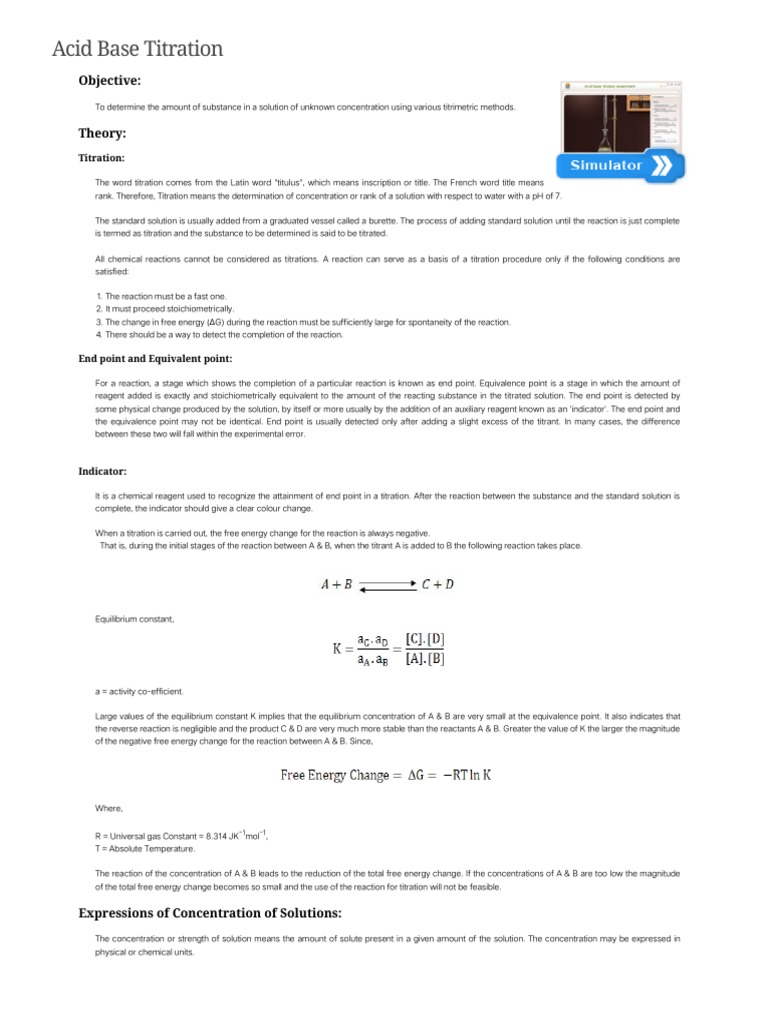Acid Base Titration (Theory) Chemistry Virtual Lab
