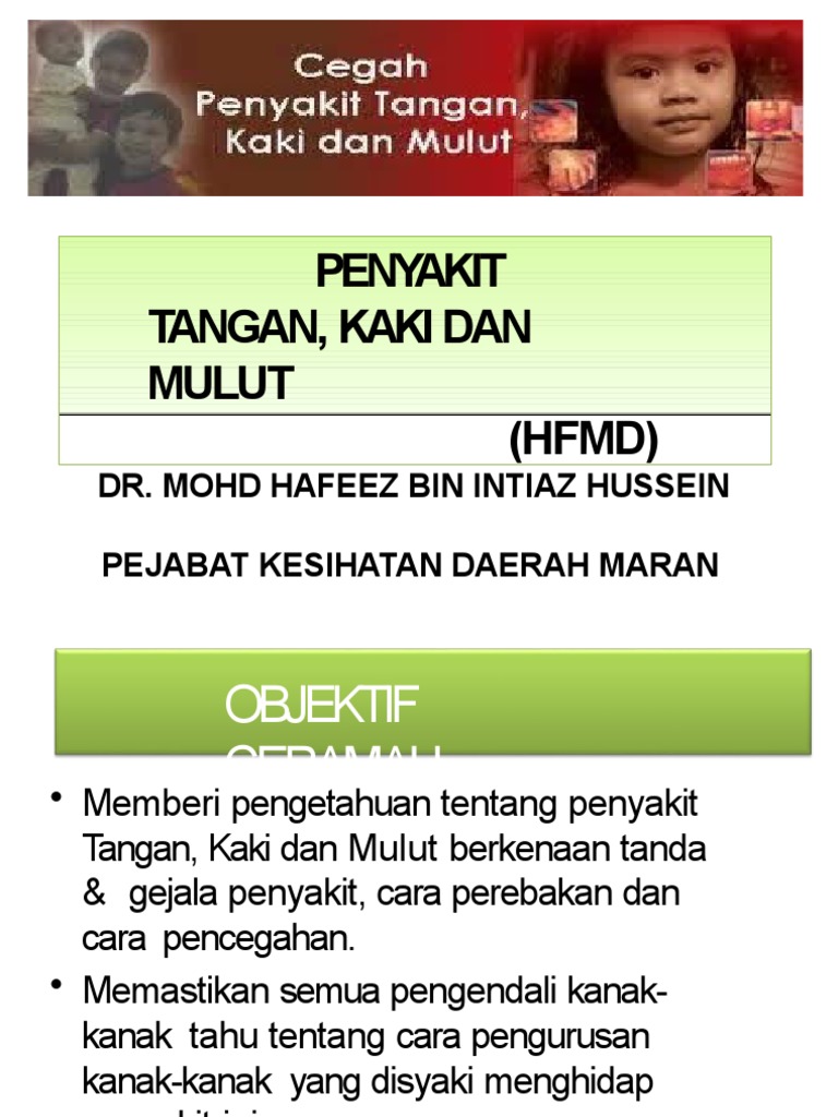 Penyakit Tangan Kaki Dan Mulut Hfmd Dr Mohd Hafeez Bin Intiaz Hussein Pejabat Kesihatan Daerah Maran Pdf
