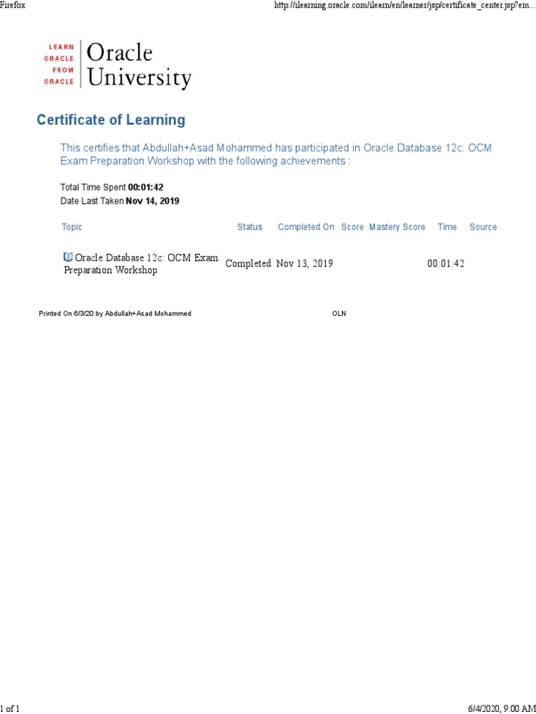 Oracle Database 12c Workshop Certificate | PDF