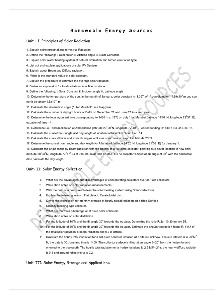 Unit I: Principles of Solar Radiation | PDF | Solar Energy | Biogas