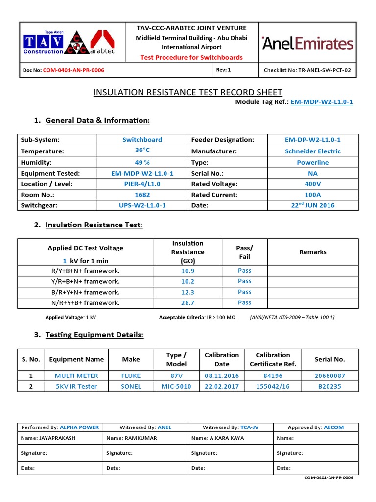 06 Test Format For Insulation Resistance PDF Insulator