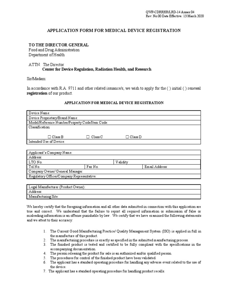 LRD14 Annex 04 - Application Form Registration | PDF | Medical Device ...