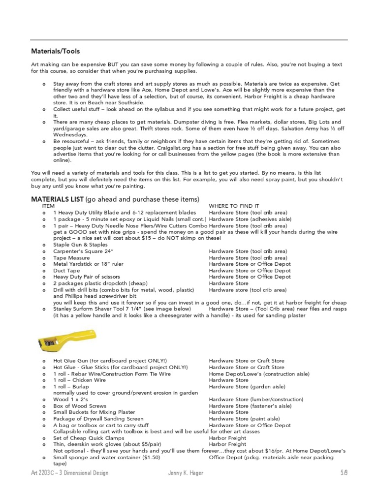 Materials/Tools Art 2203C 3 Dimensional Design Jenny K. Hager 5/9
