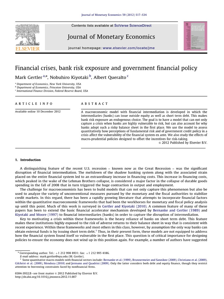 Journal of Economics Mark Gertler, Nobuhiro Kiyotaki, Albert