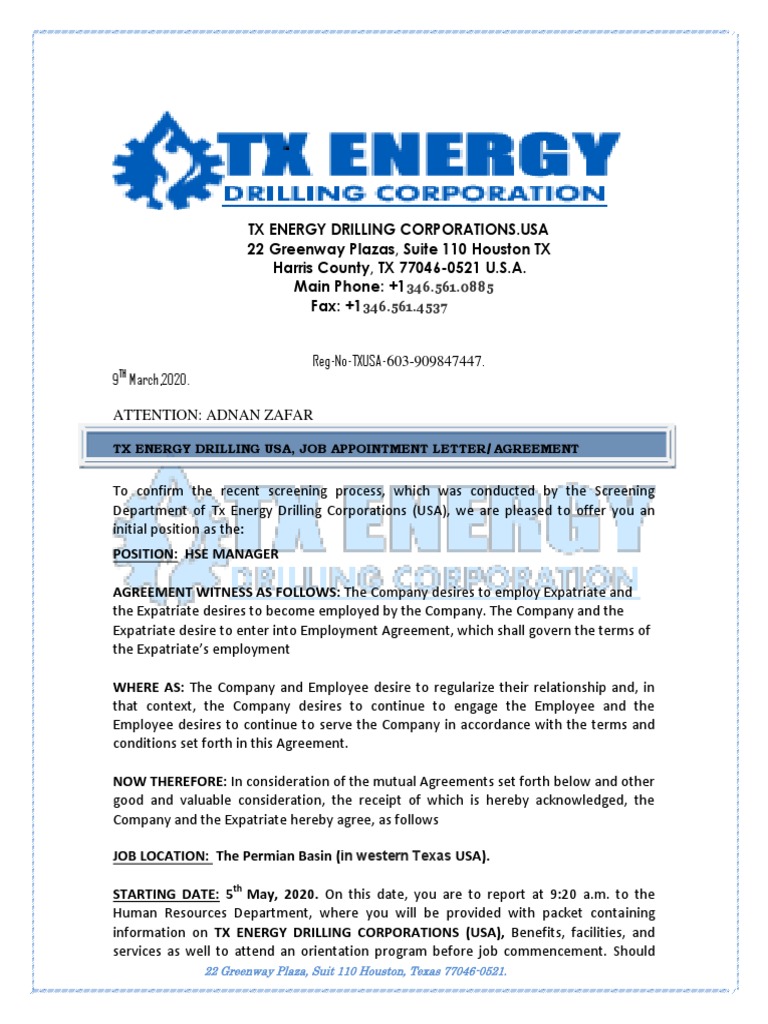 TX ENERGY JOB OFFER LETTER Travel Visa Regulatory Compliance