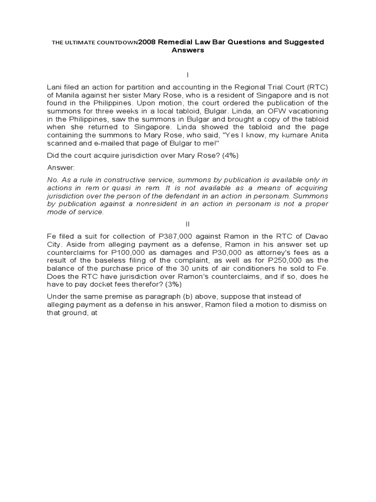 2008 Remedial Law Bar Questions and Suggested Answers The Ultimate