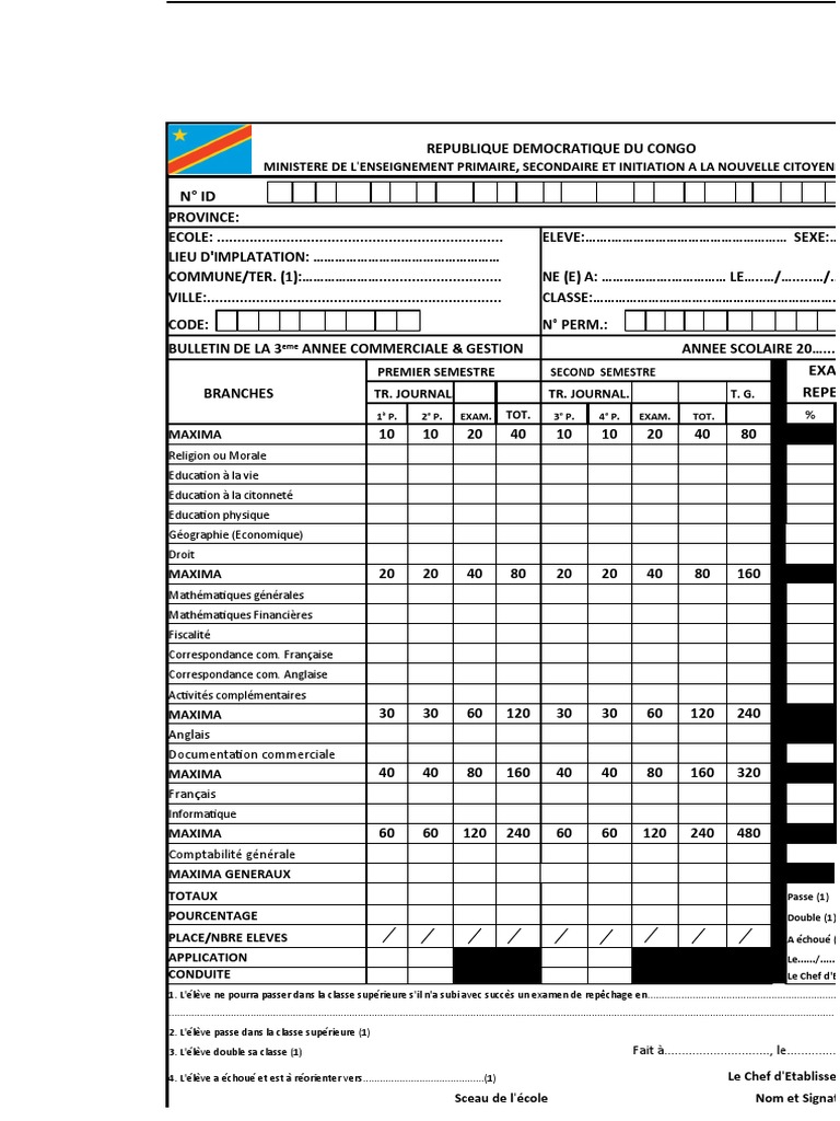 Bulletin Scolaire Commercial RDC 2023 | PDF | Cognition | Modification ...