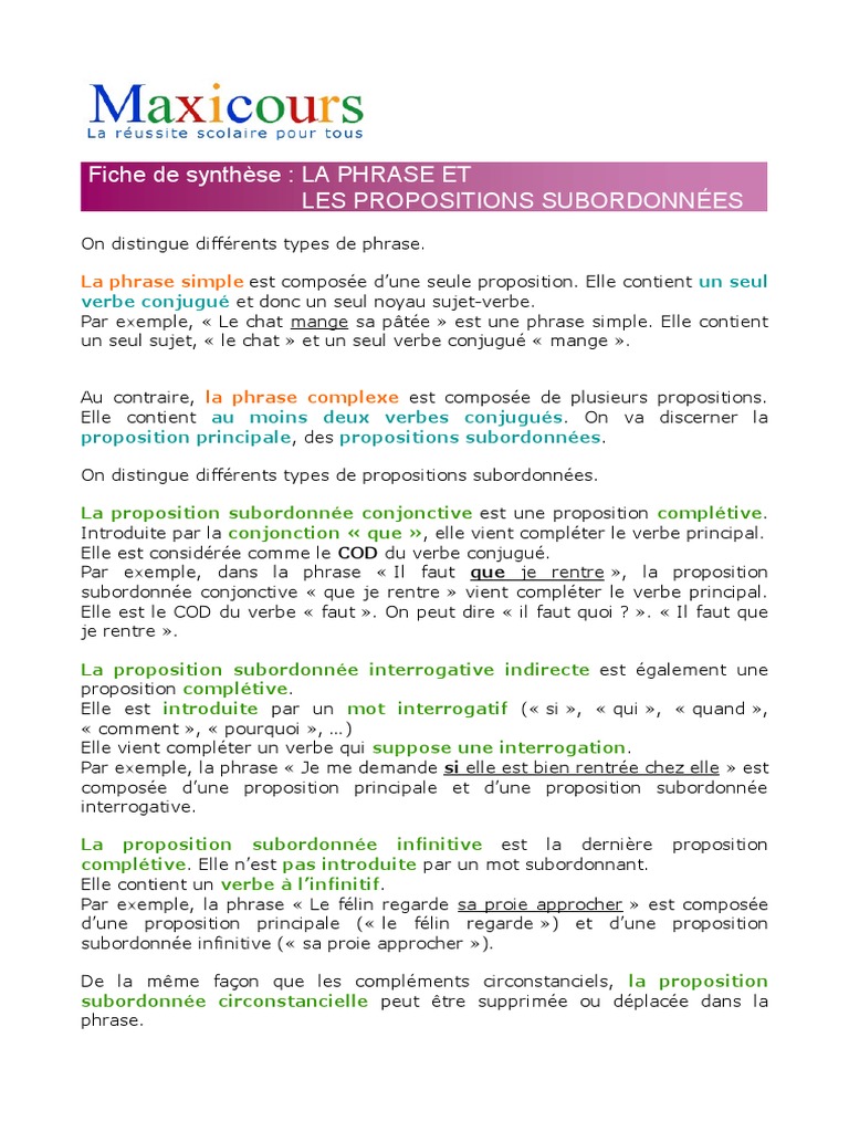Comment Reconnaitre Une Proposition Subordonnee Circonstancielle Fiche de Synthèse: LA PHRASE ET Les Propositions Subordonnées | PDF |  Clause | Phrase