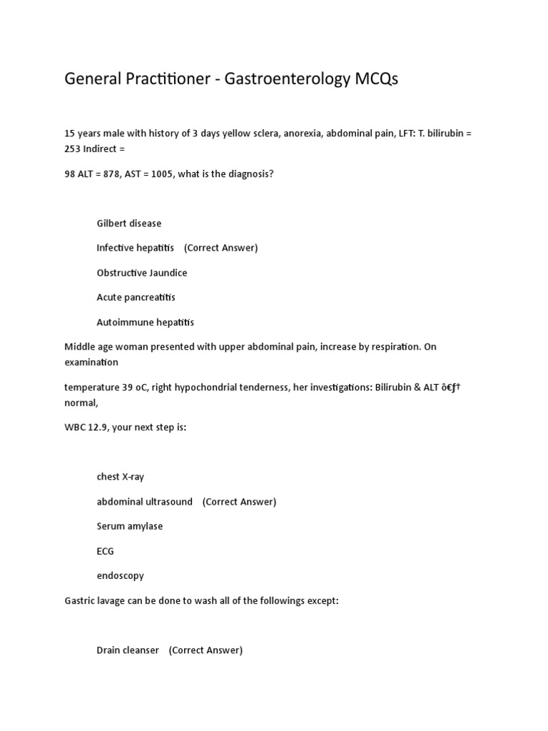 General Practitioner - Gastroenterology MCQs | PDF | Hepatitis | Esophagus