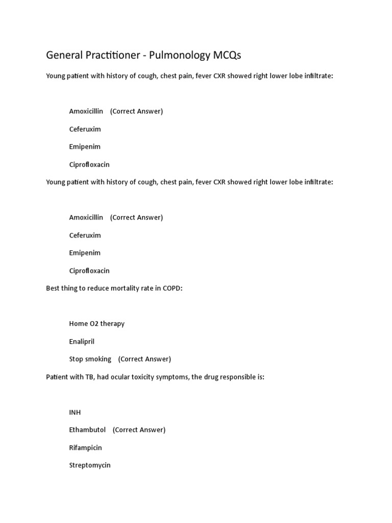General Practitioner - Pulmonology MCQs | PDF | Pneumonia | Asthma