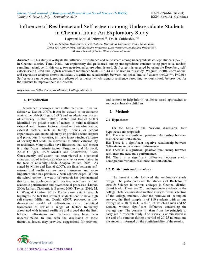 Influence of Resilience and SelfEsteem Among Undergraduate Students in