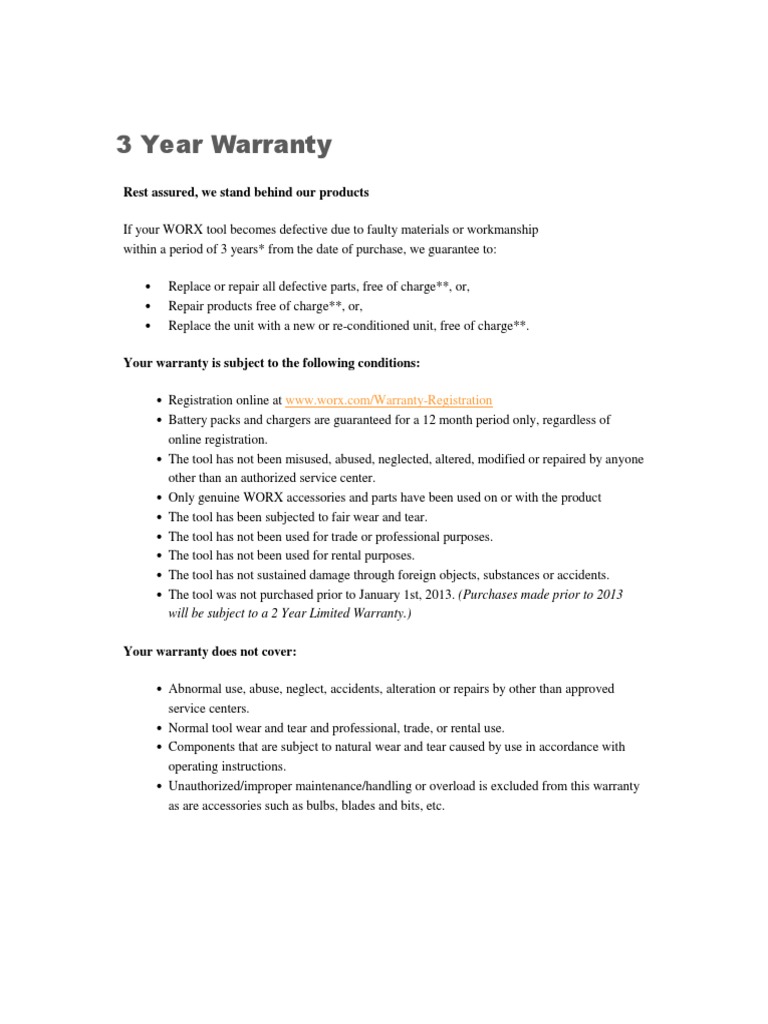 Comprehensive 3Year Warranty Policy for WORX Power Tools Outlining