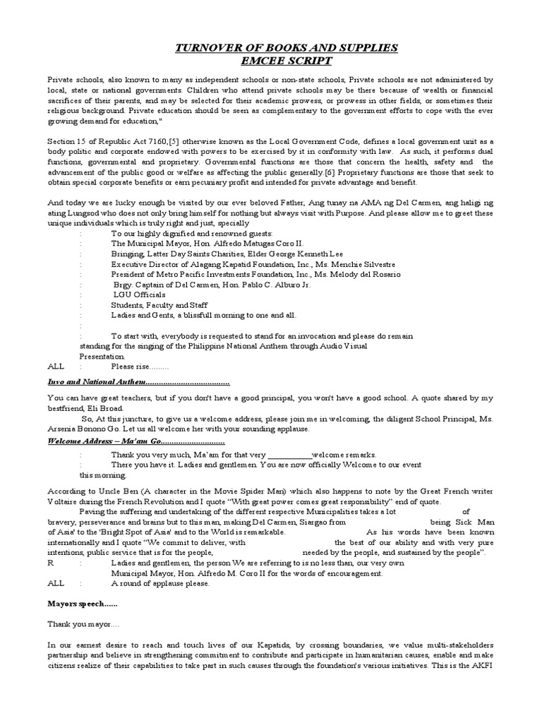 Emcee Srcipt Turnover Of Books And School Supplies Government