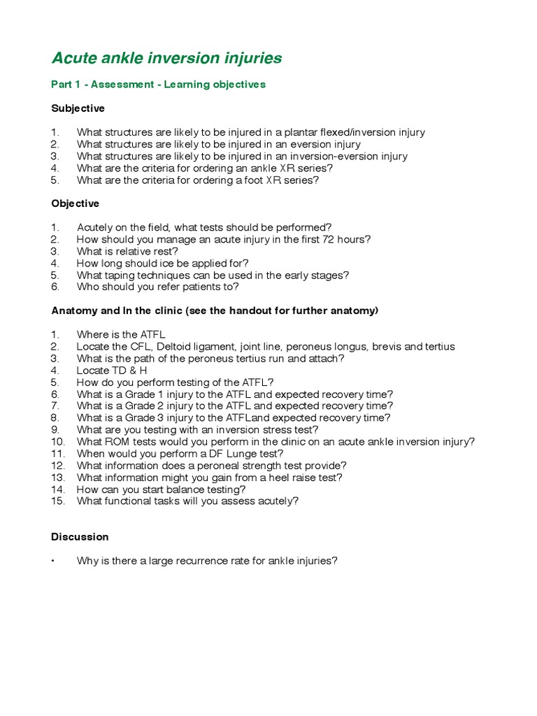 Acute Ankle Inversion Injuries: Subjective | PDF | Ankle | Foot