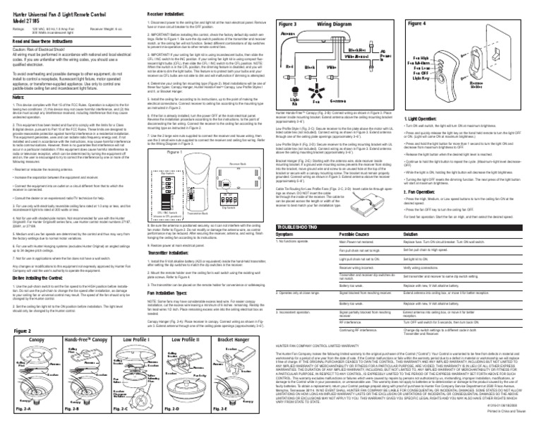 Hunter Universal Fan & Light Remote Control Model 27185 Wiring Diagram