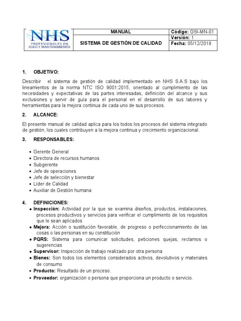 Manual de Gestión de Calidad NHS S.A.S. | PDF | Sistema de manejo de ...