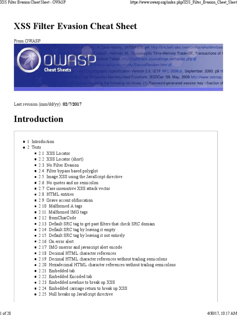 XSS Filter Evasion Cheat Sheet PDF Html Element Java Script