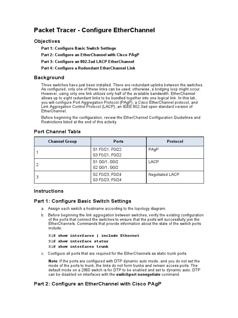 Lab 6.2.4: EtherChannel Configuration | PDF | Network Switch ...