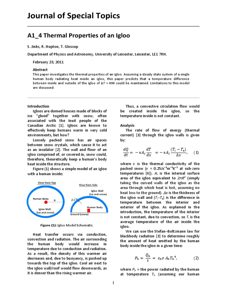 Thermal Properties of An Igloo | PDF | Heat Transfer | Atmosphere Of Earth