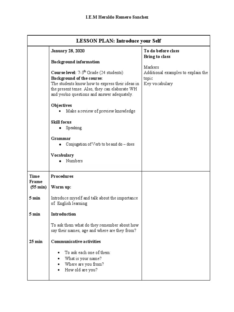 Self-Introduction Lesson Plan for Grade 7 | PDF