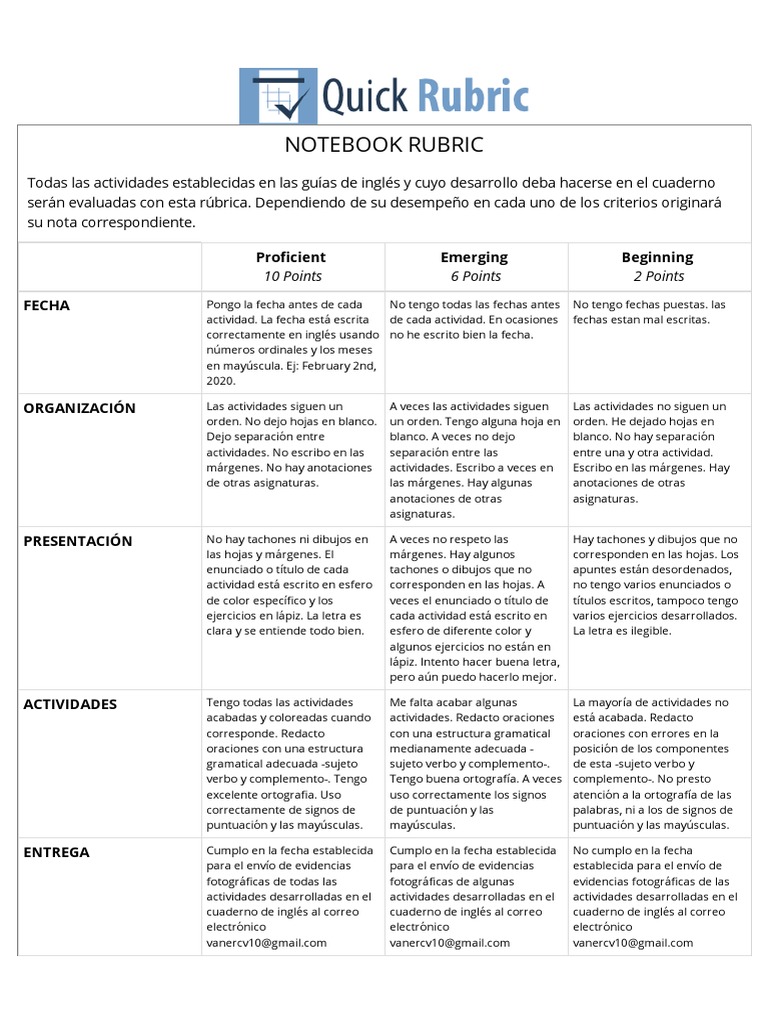 Notebook Rubric PDF Oración (Lingüística) Verbo