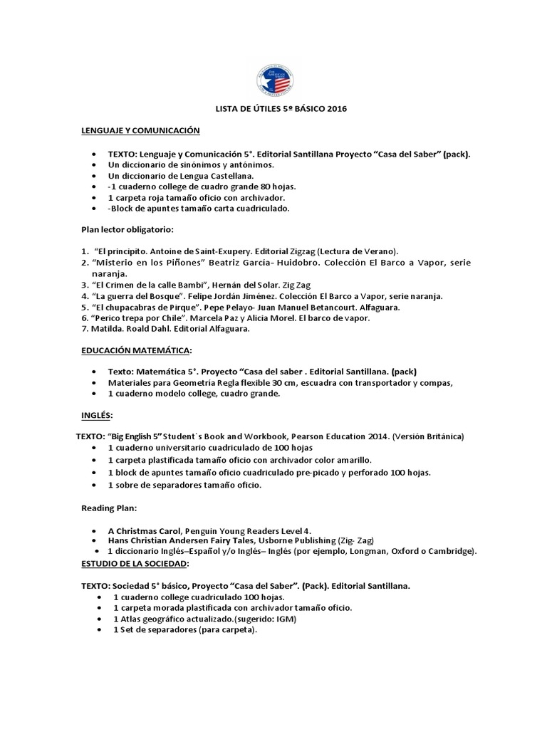 Lista de Materiales 5º Básico 2016 PDF | PDF | Lápiz