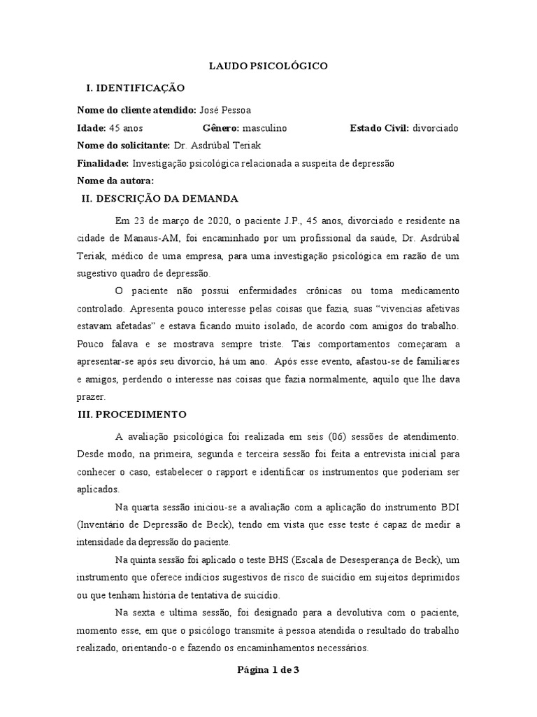 Laudo Psicológico | Depressão | Psicologia Positiva