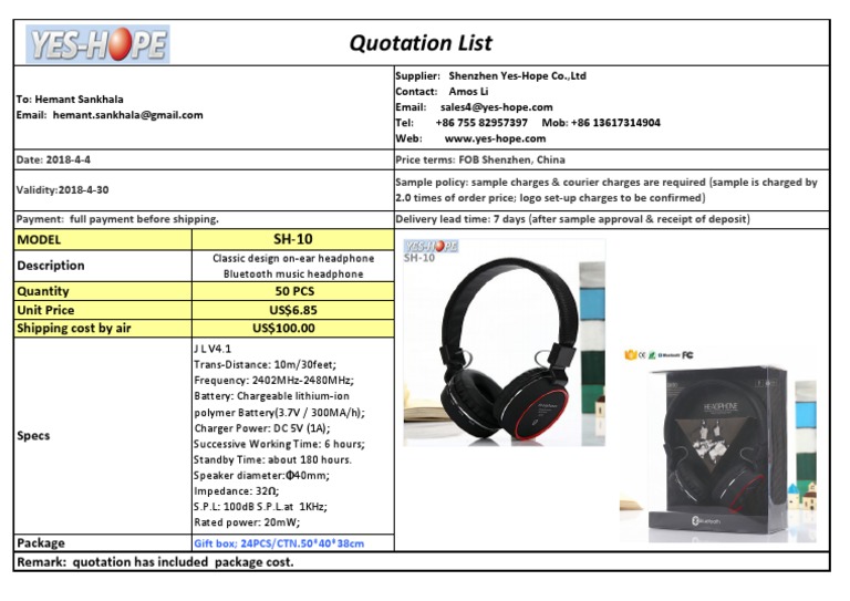 Bluetooth Headphone Quotation Details | PDF