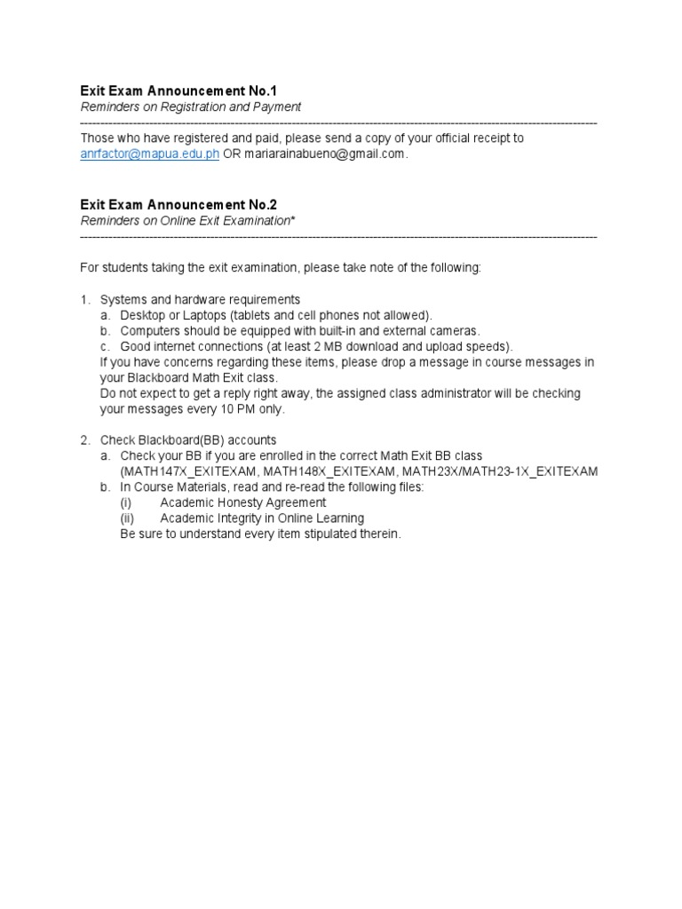 Exit Exam Reminders | PDF