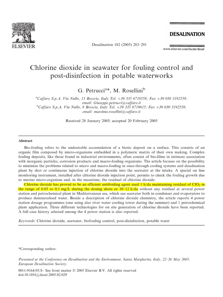 The Use of Chlorine Dioxide in Seawater Systems for Fouling Control and