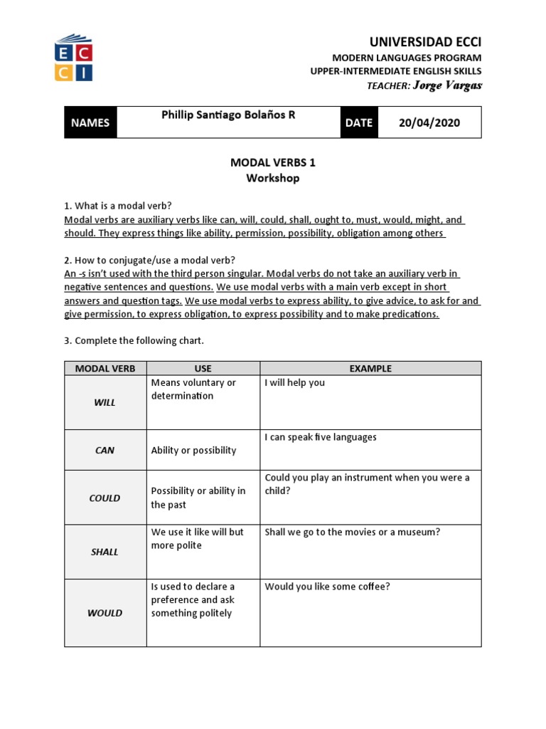 Modal Verbs 1 Workshop | PDF | Morphology | Language Mechanics
