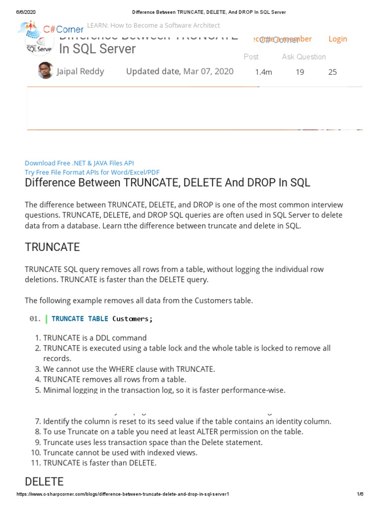 Diff Between Delete, Drop and Truncate SQL | PDF | Microsoft Sql Server ...