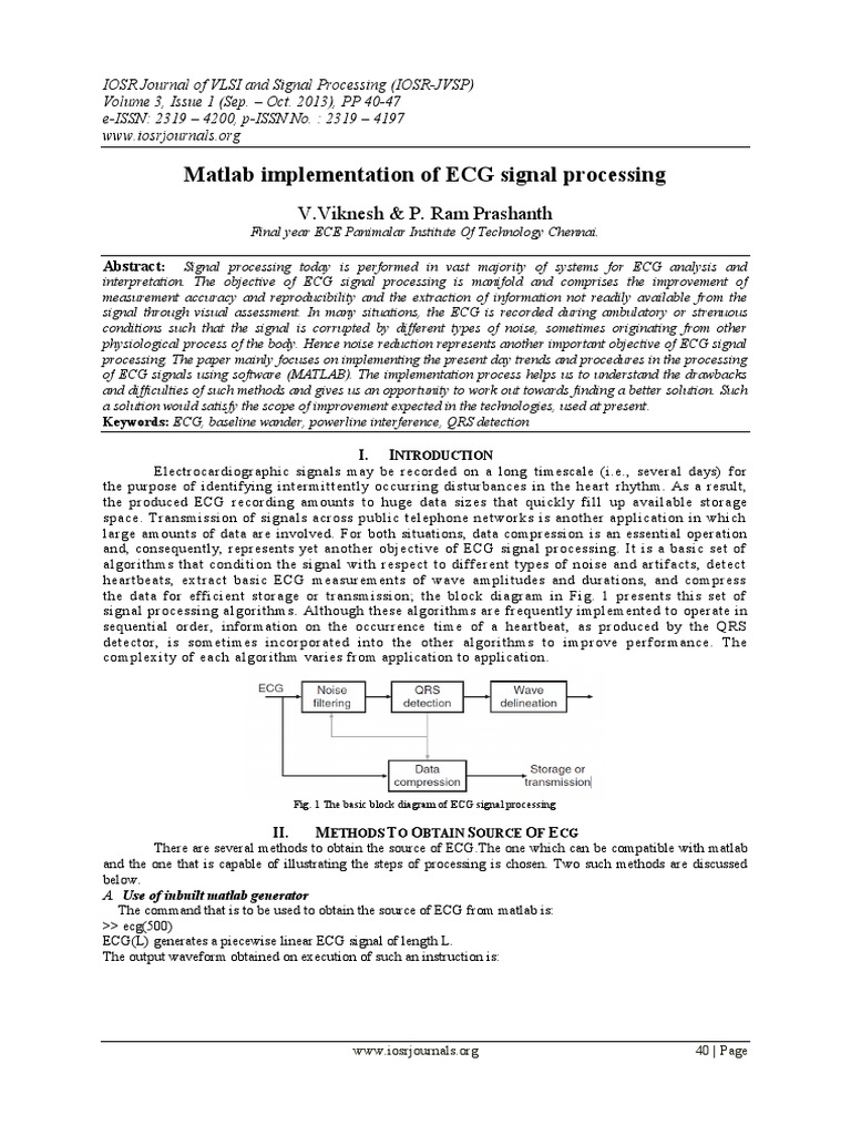Matlab Implementation of ECG Signal Processing: V.Viknesh & P. Ram ...