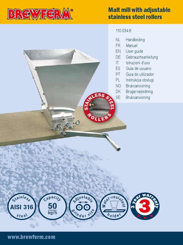 110.034.6 - MAN - Brewferm Malt Mill With Adjustable Stainless Steel ...