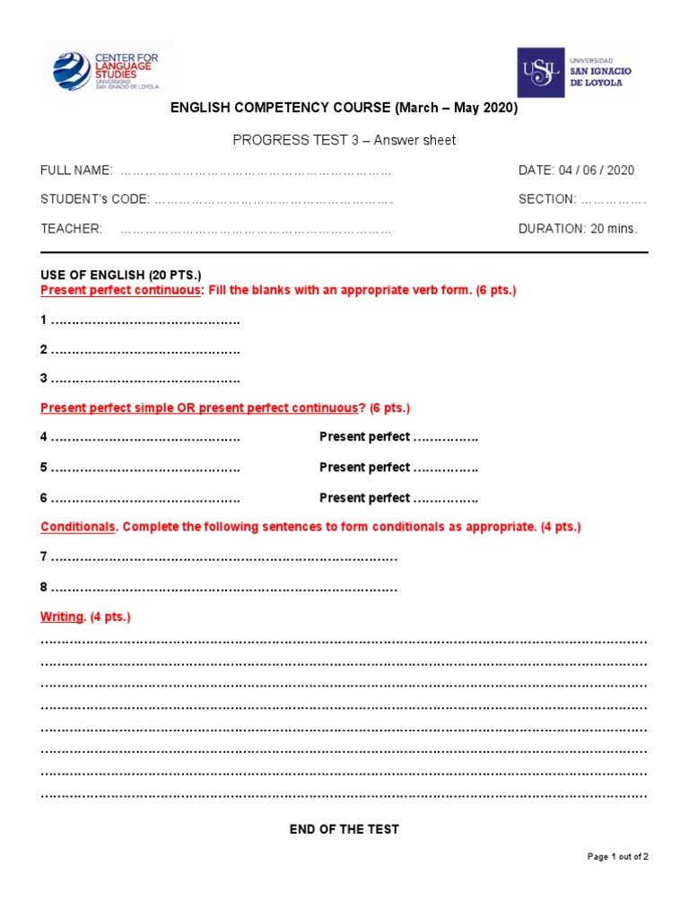 ECC Progress Test 3-Answer Sheet | PDF