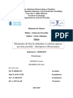 Elimination Du Bleu de Méthylène en Solution Aqueuse Par Deux Procédés Adsorption Et Photocatalyse