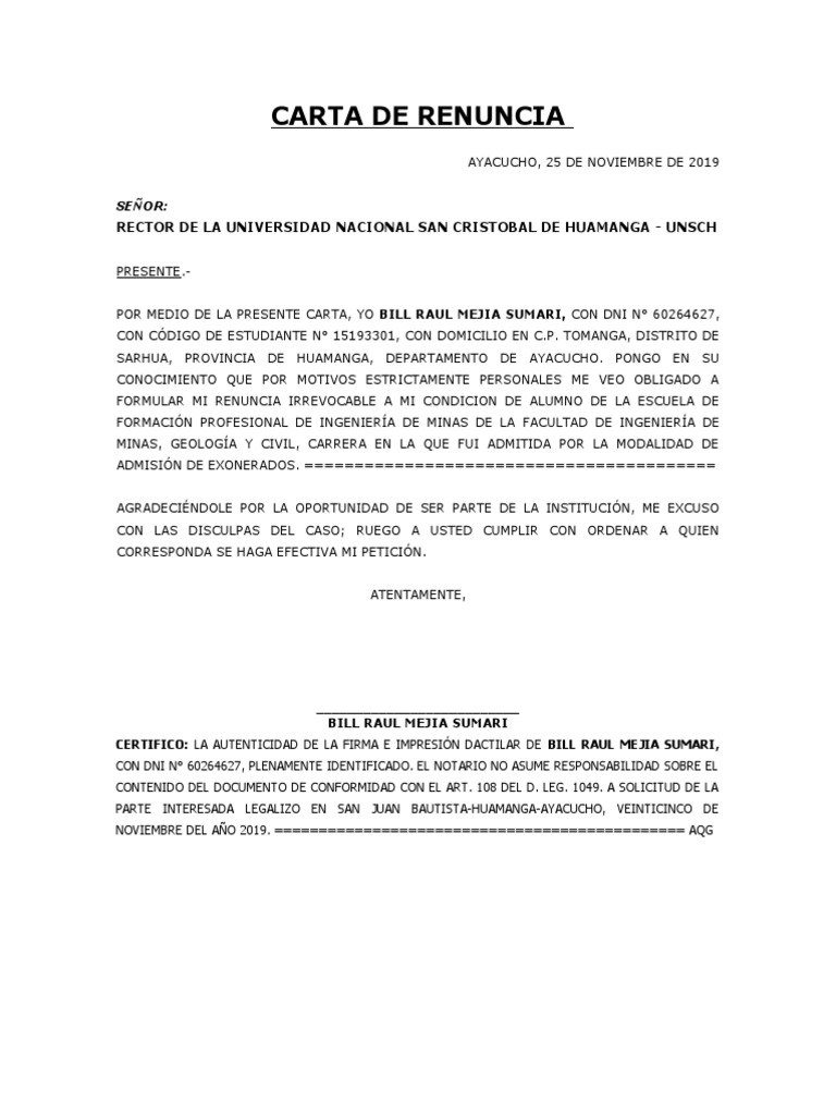 Carta de Renuncia  Instituto  PDF  Escuelas  Educación avanzada