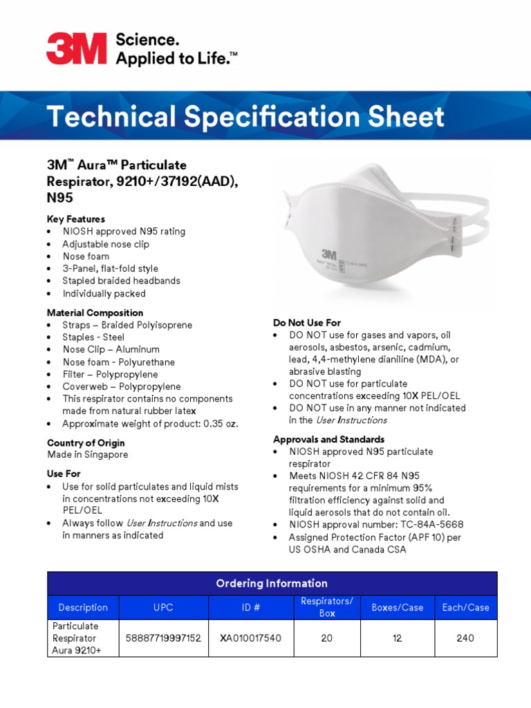3M Aura™ Particulate Respirator, 9210+/37192(AAD), N95 Key Features