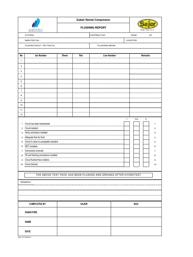 Flushing Report for Hydrotested Circuit | PDF