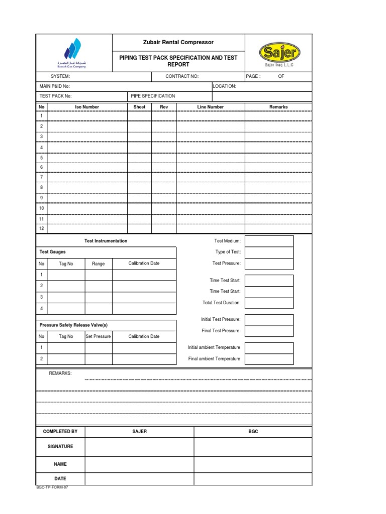 Piping Pressure Test Report Template | PDF