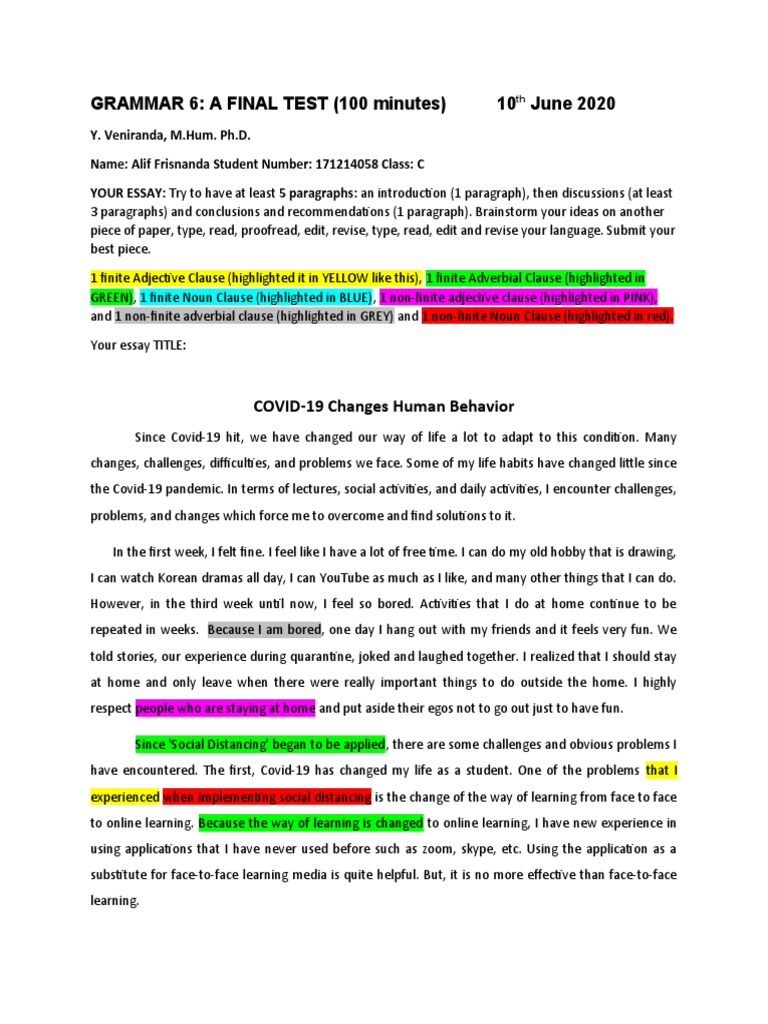 Grammar 6 Final Test 2020 Clause Educational Technology