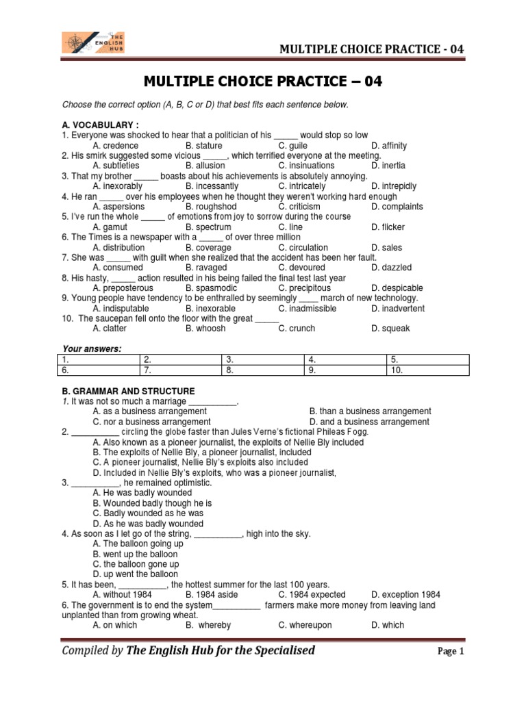 Multiple Choice Practice 04 | PDF