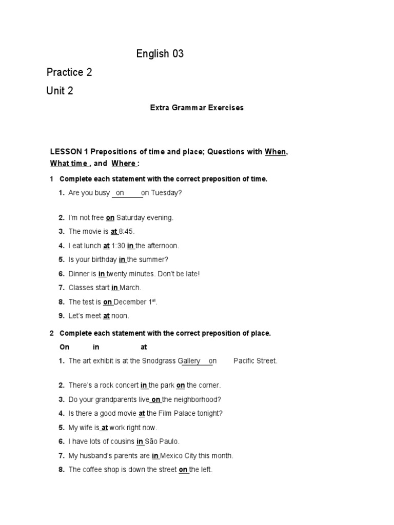 Prepositions & Questions Practice | PDF