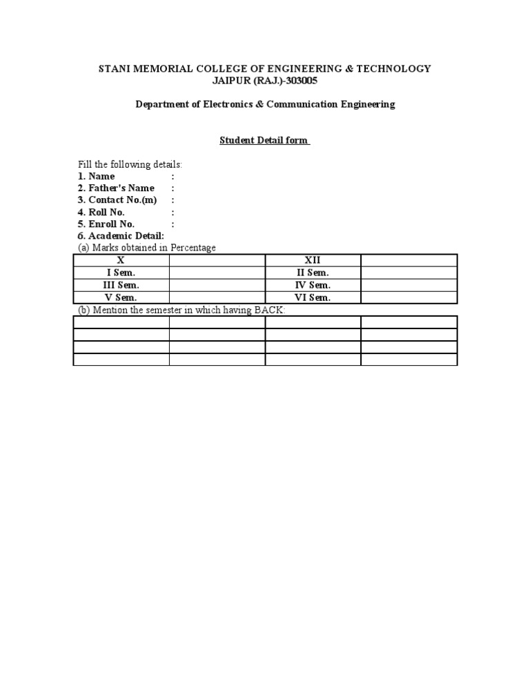 Student Detail Form for ECE Department | PDF