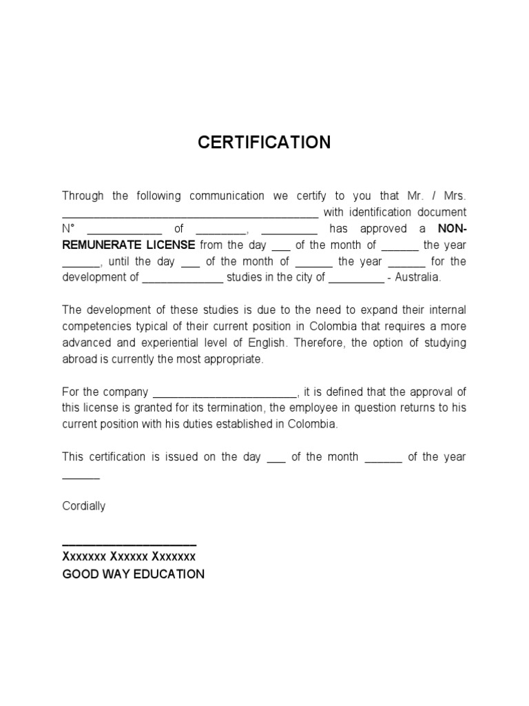 Unpaid License Certification PDF