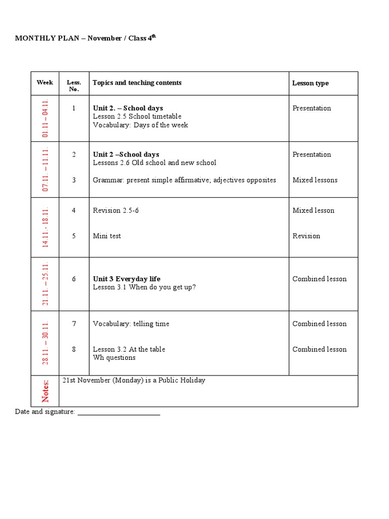 MONTHLY PLAN - November / Class 4: Topics and Teaching Contents Lesson ...