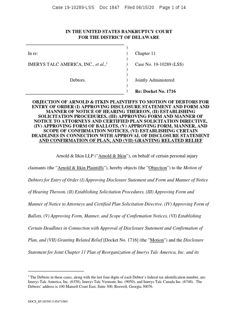 IMERYS CHAPTER 11 - OBJECTION OF ARNOLD & ITKIN PLAINTIFFS TO MOTION OF ...