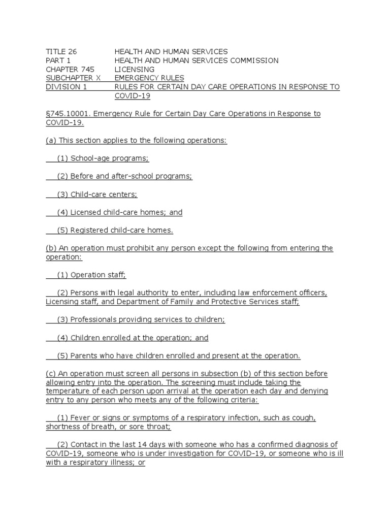 Emergency Rules For Day Care Operations | PDF | Medical Specialties ...