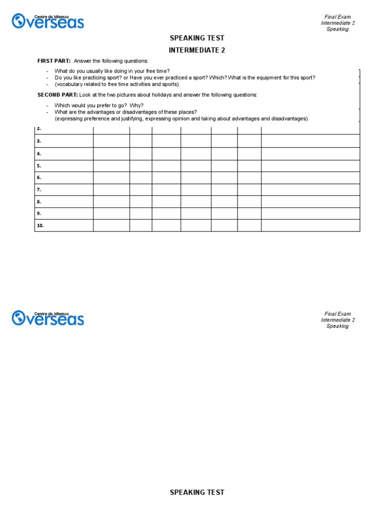 Intermediate 2 Speaking Test Rubric | PDF